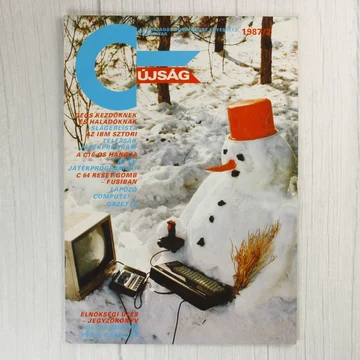 A Commodore Újság 1987/2. számának címlapja egy hóemberrel és egy C64 számítógéppel.