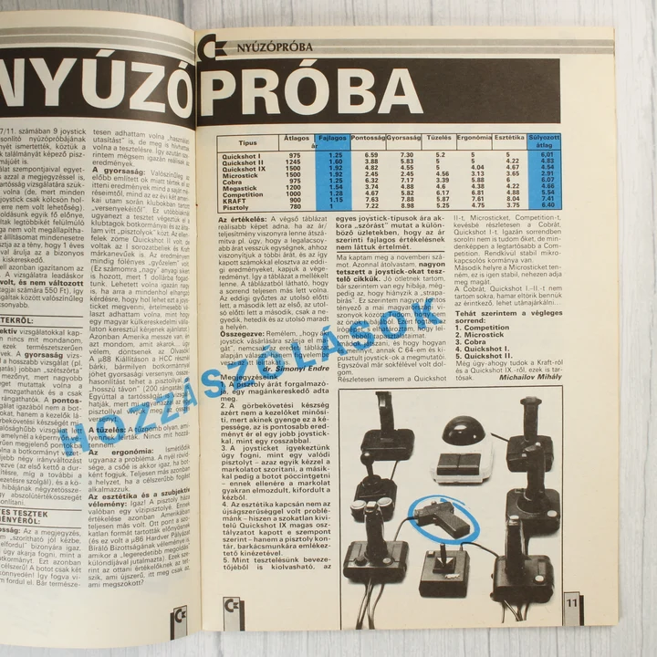 A Commodore újság belső oldala joystick teszttel
