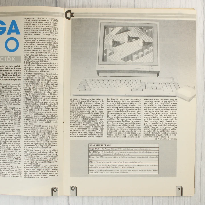 A Commodore újság egyik belső oldala technikai leírással és szakkifejezésekkel.