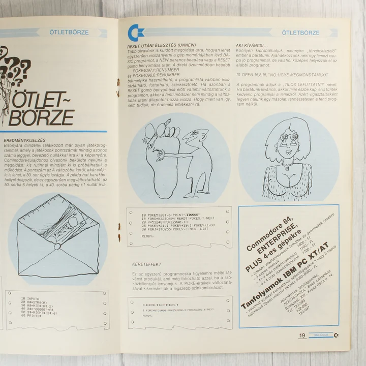 A Commodore újság belső oldalai programkódokkal és illusztrációkkal