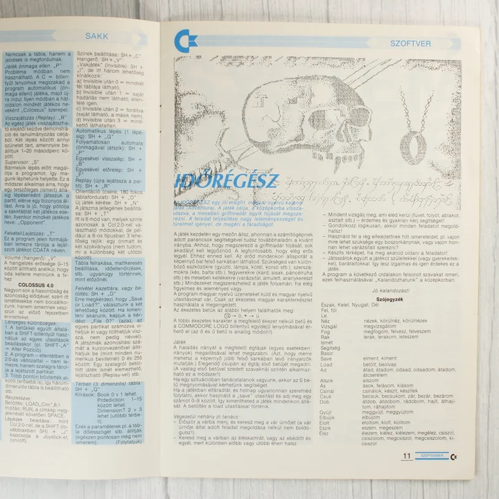 A Commodore újság egyik belső oldala szoftverleírásokkal.