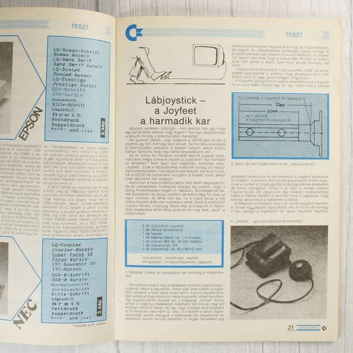 A Commodore újság egyik belső oldalpárja technikai cikkekkel