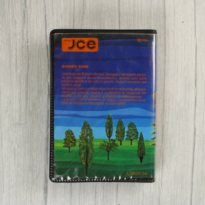 Garden Wars Commodore 64 videójáték tokjának hátlapja olasz nyelvű szöveggel