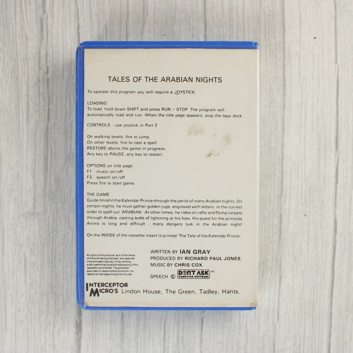 Tales of the Arabian Nights Commodore 64 játék hátlapja