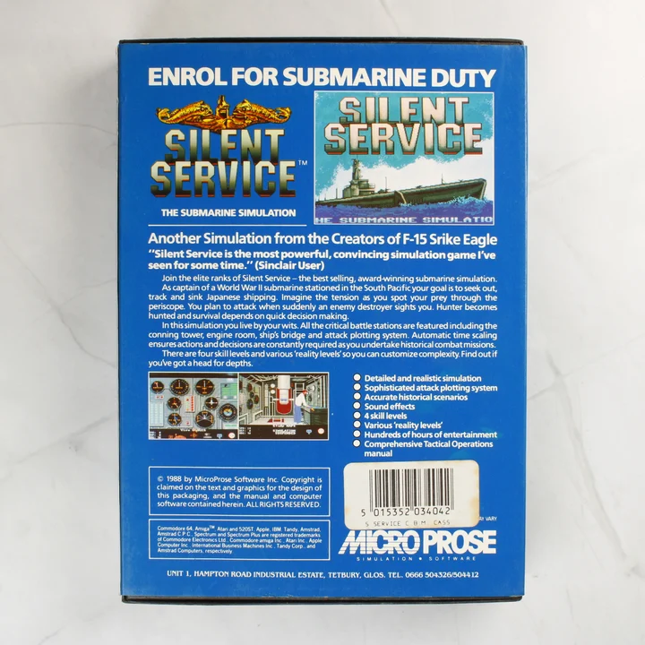 Silent Service Commodore 64 videójáték dobozának hátoldala