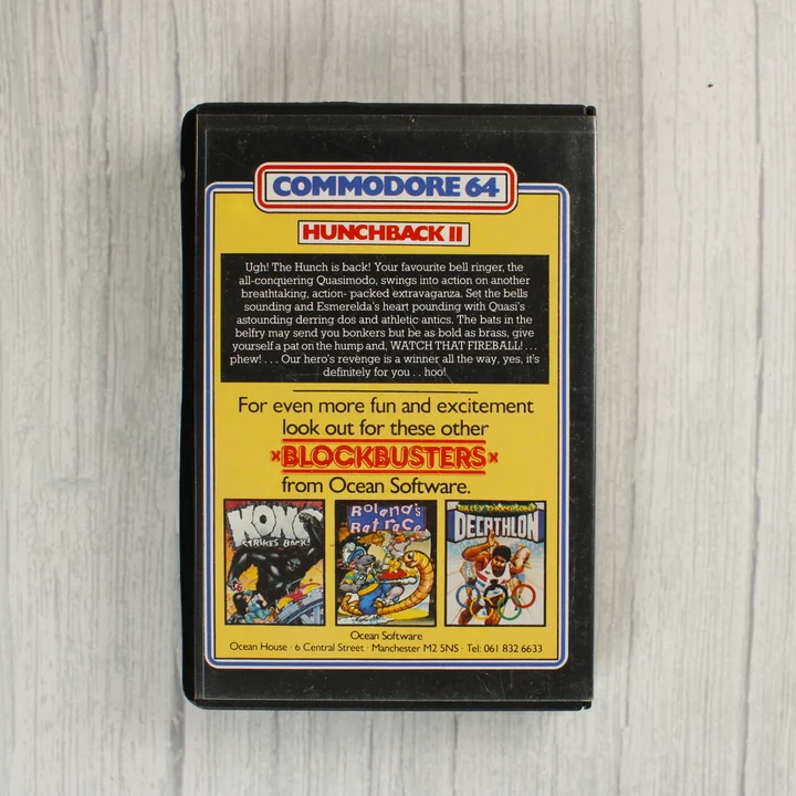 Hunchback II Commodore 64 videójáték tokjának hátoldala