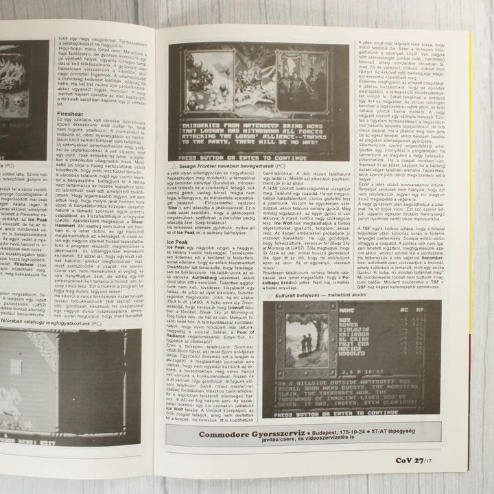 A Commodore Világ magazin belső oldalpárja fekete-fehér szöveggel és képekkel