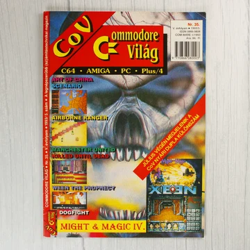 A Commodore Világ magazin 35. számának színes borítója egy koponya illusztrációval.