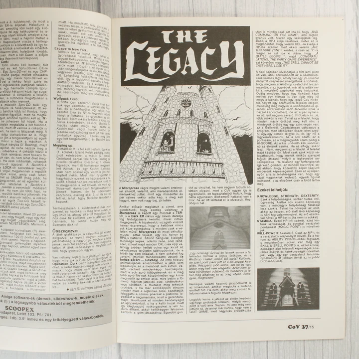 A Commodore Világ magazin belső oldala a The Legacy játékleírással.