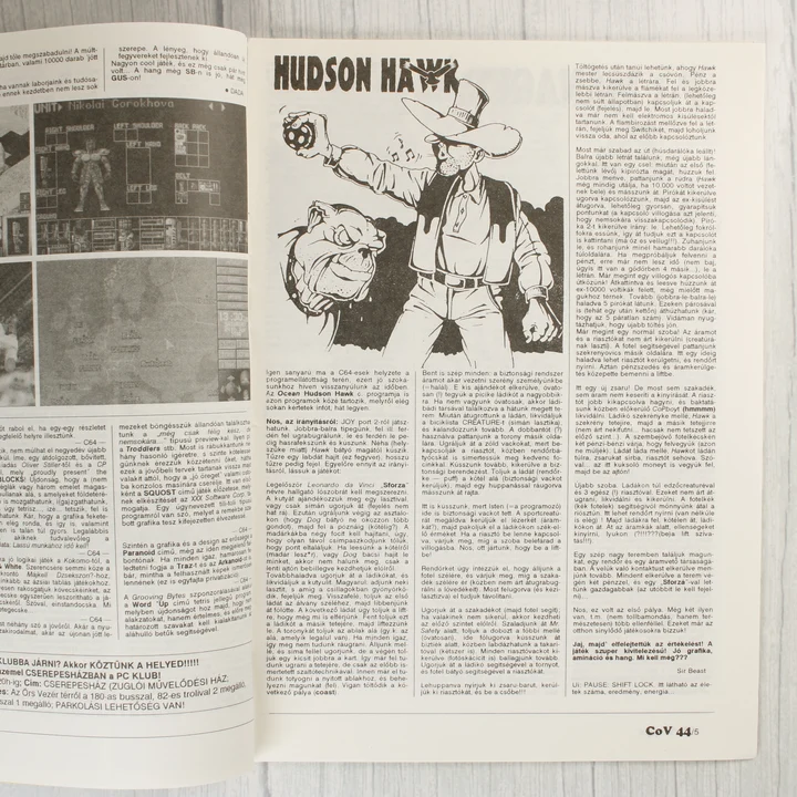A Commodore Világ magazin belső oldalai a Hudson Hawk játékleírással