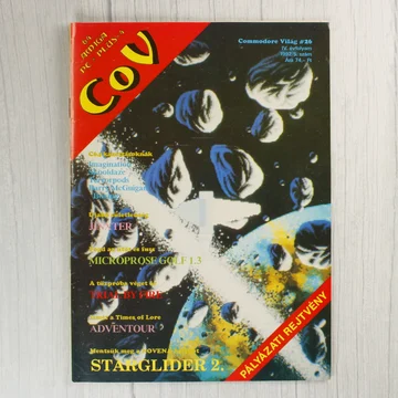 A Commodore Világ 26. számának színes borítója űrbéli grafikával.