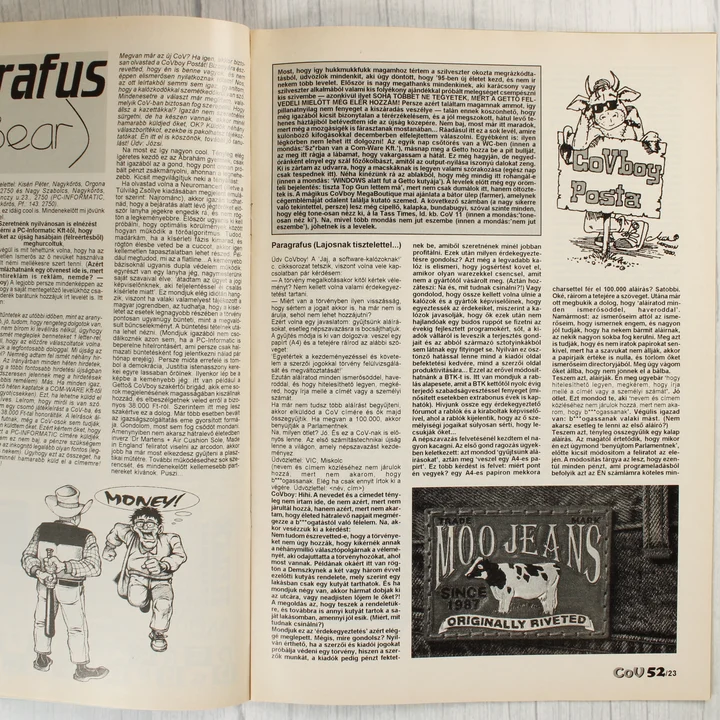 A Commodore Világ magazin belső oldalpárja szöveges tartalommal és hirdetésekkel.