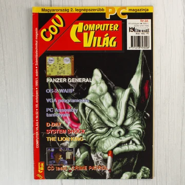 A Commodore Világ 52. számának színes borítója egy zöld lénnyel és játékismertetőkkel.