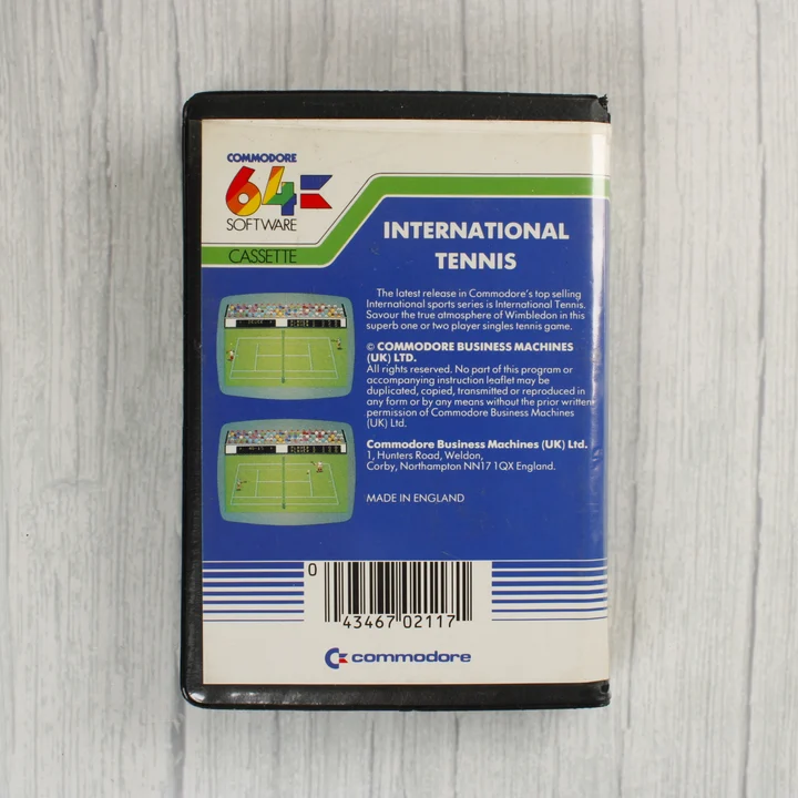 International Tennis Commodore 64 játék kazetta tokja hátulról