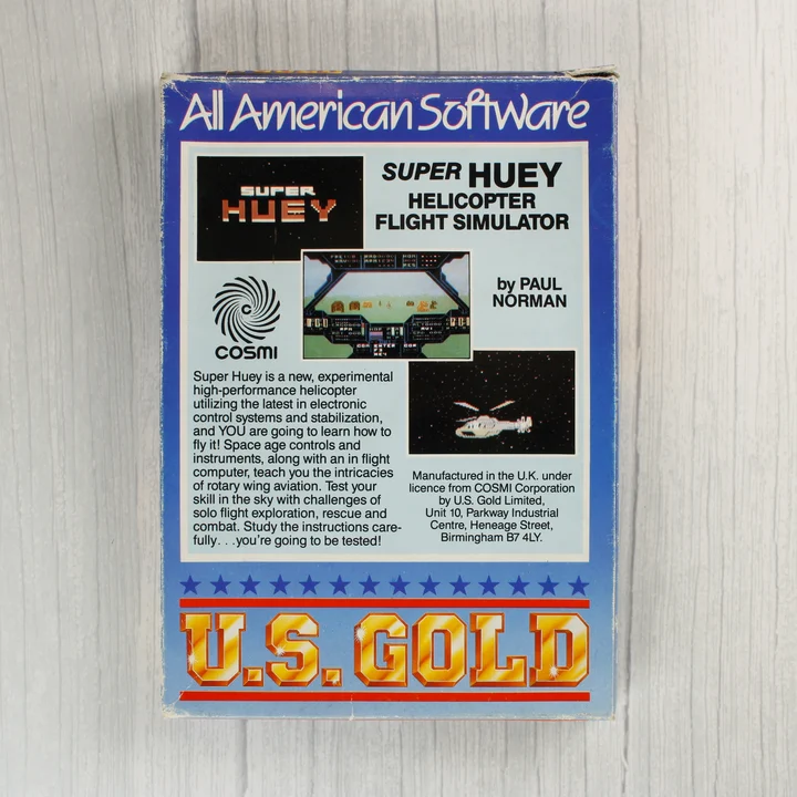 Super Huey C64 hátlap A Super Huey Helicopter Flight Simulator dobozának hátoldala leírással és képernyőképekkel