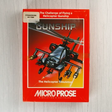 A Gunship videójáték piros dobozának előlapja egy helikopterrel