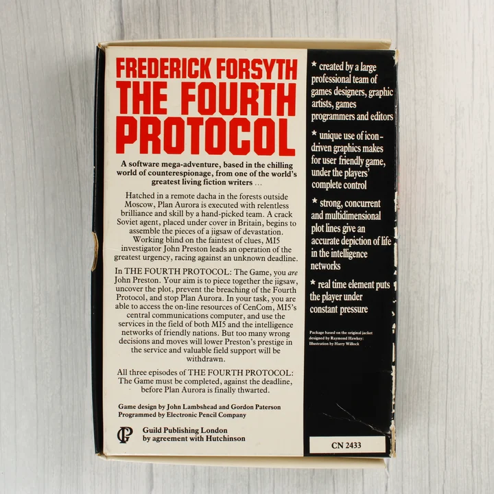 The Fourth Protocol Commodore 64 játék dobozának hátoldala