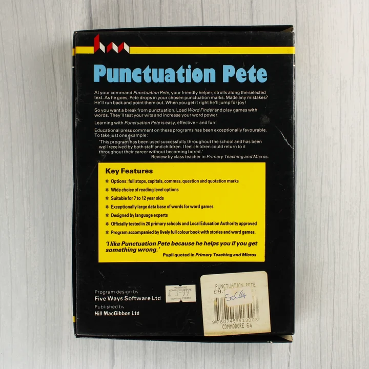 Punctuation Pete C64 hátlap Punctuation Pete Commodore 64 játék dobozának hátoldala