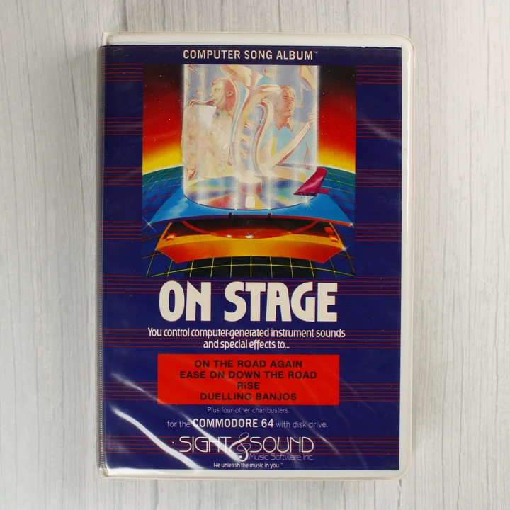 On Stage Computer Song Album előlap Az On Stage Computer Song Album Commodore 64-es verziójának elülső borítója műanyag tokban.
