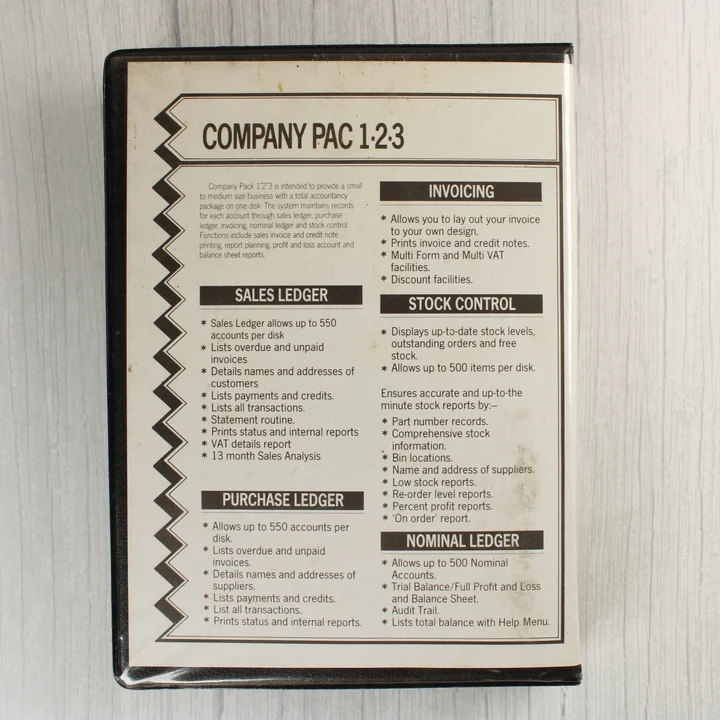 Company Pac 1-2-3 szoftver tokjának hátoldala