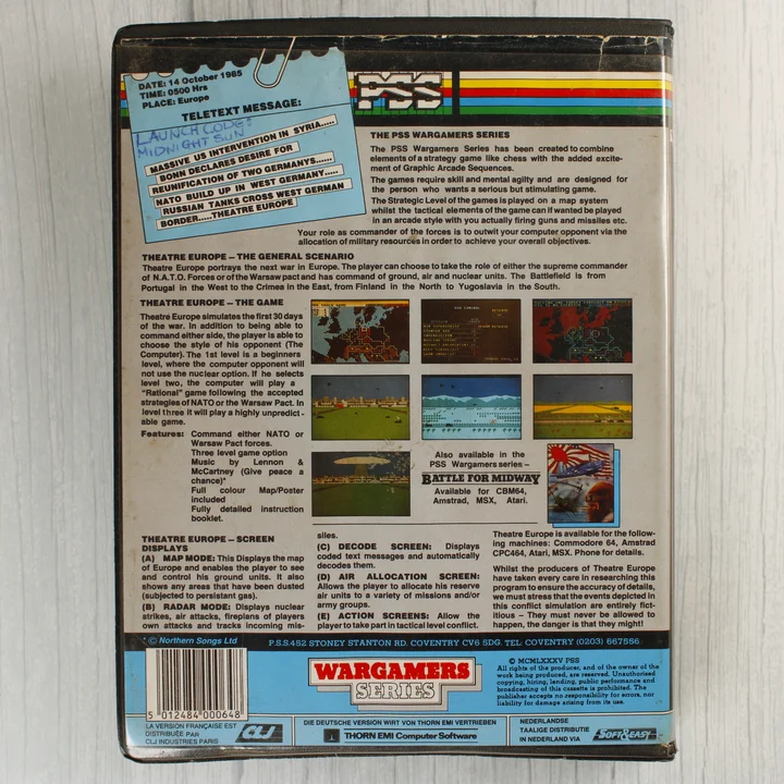 Theatre Europe C64 hátoldal A Theatre Europe videójáték tokjának hátoldala leírással és képernyőmentésekkel