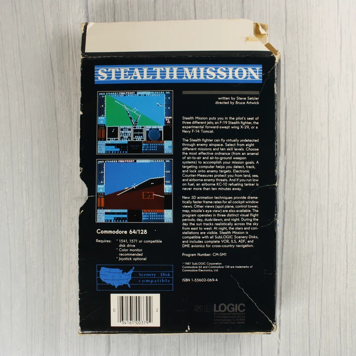 Stealth Mission C64 doboz hátlap Stealth Mission videójáték dobozának hátoldala leírással és képernyőfotókkal