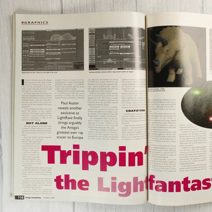 Az Amiga Computing magazin belső oldalai grafikai szoftverekről szóló cikkel