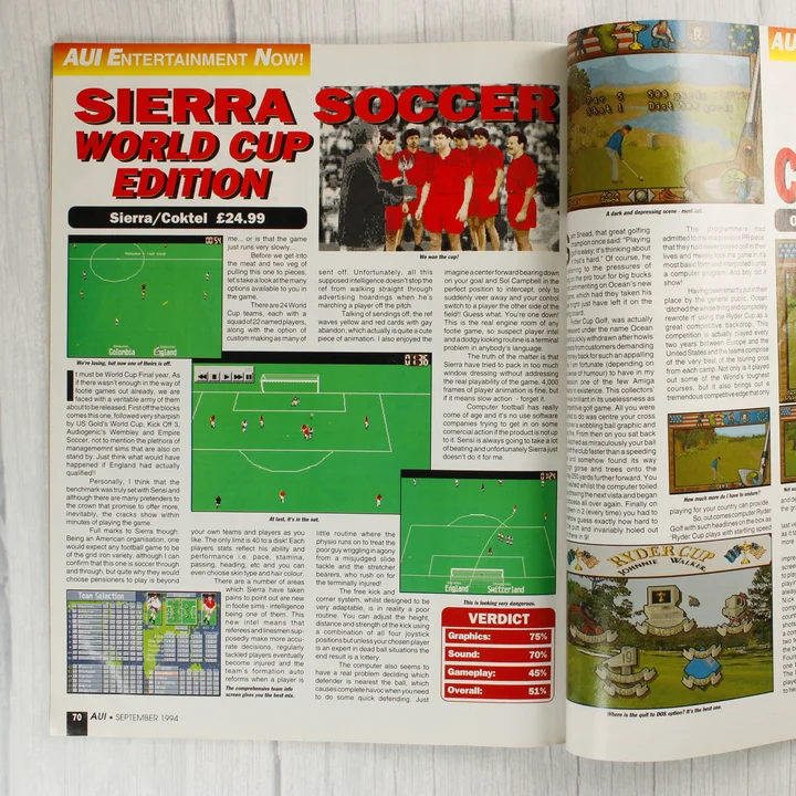 Az Amiga User International magazin belső oldala a Sierra Soccer játékteszttel