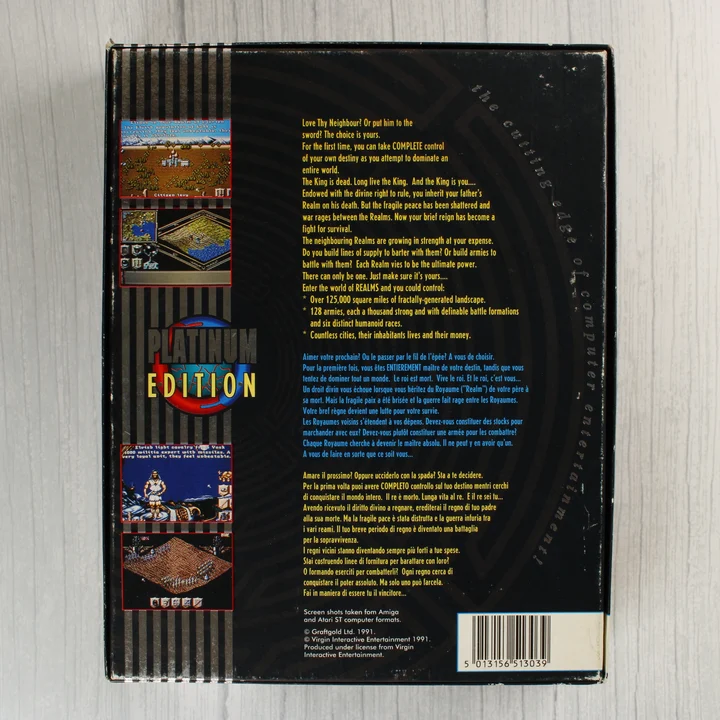 A Realms Platinum Edition Amiga játék dobozának hátoldala
