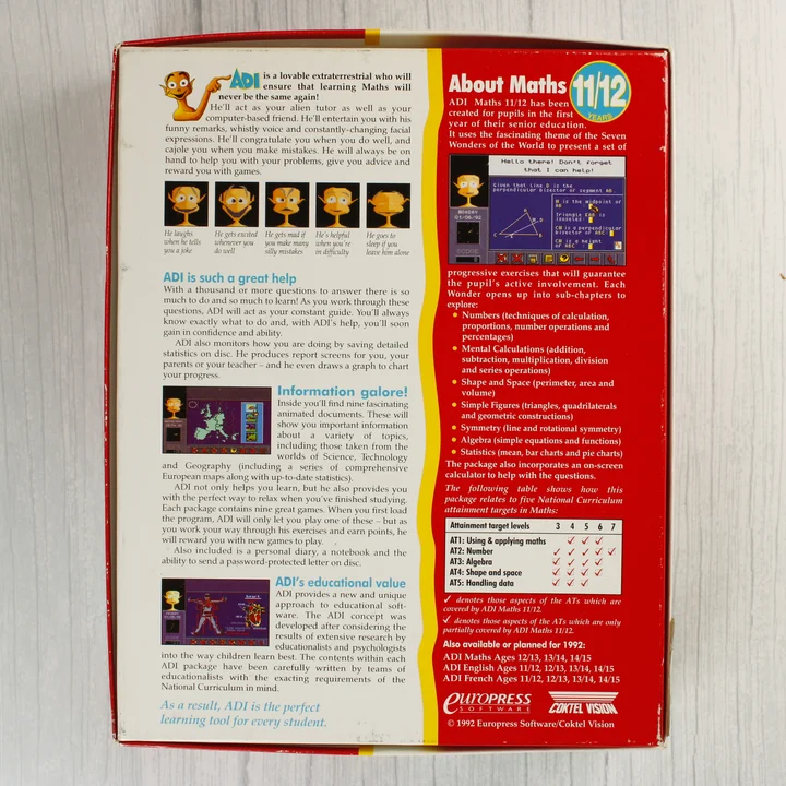 Az ADI Maths dobozának hátoldala részletes leírással és képernyőmentésekkel a programról.