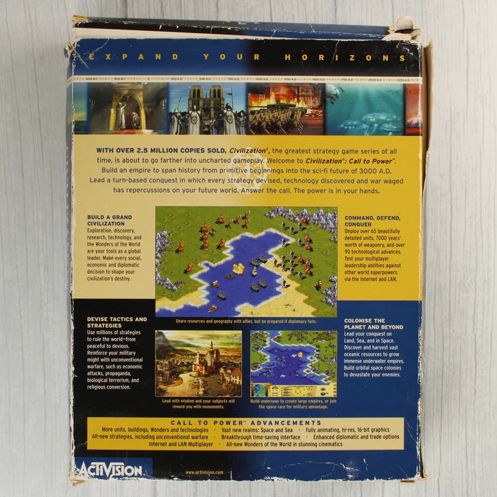 Civilization Call to Power PC játék dobozának hátoldala leírásokkal