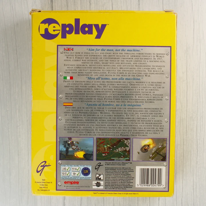 Flying Corps PC játék dobozának hátoldala leírással és vonalkóddal