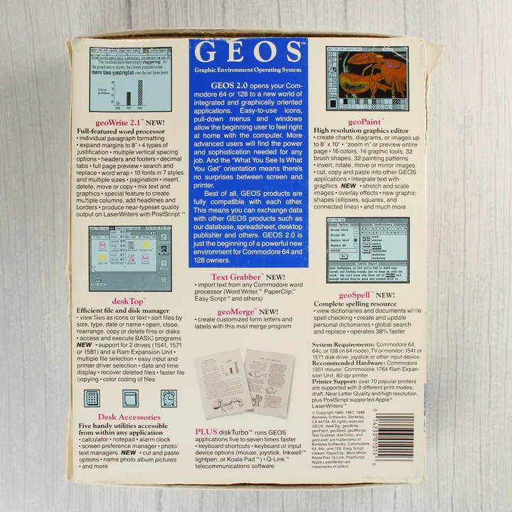 GEOS 2.0 doboz hátulja GEOS 2.0 szoftver dobozának hátoldala részletes leírással