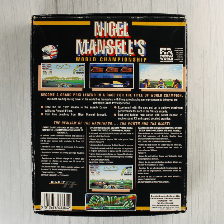 Nigel Mansell's World Championship Amiga játék dobozának hátoldala