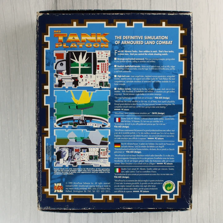 M1 Tank Platoon videójáték dobozának hátoldala leírásokkal és képernyőfotókkal