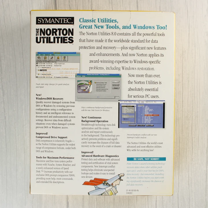 The Norton Utilities 8.0 szoftver dobozának hátoldala leírással