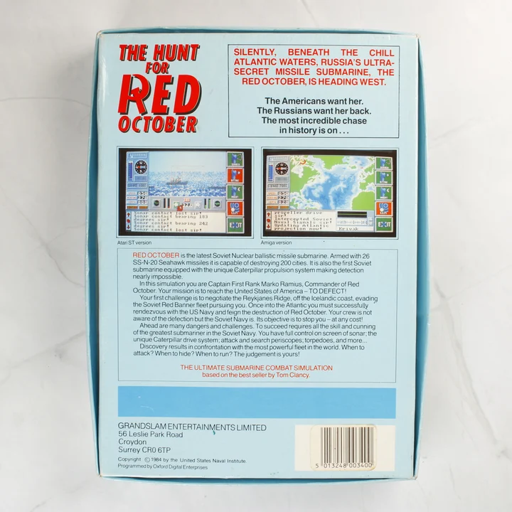 The Hunt for Red October dobozának hátoldala leírással és képernyőfotókkal