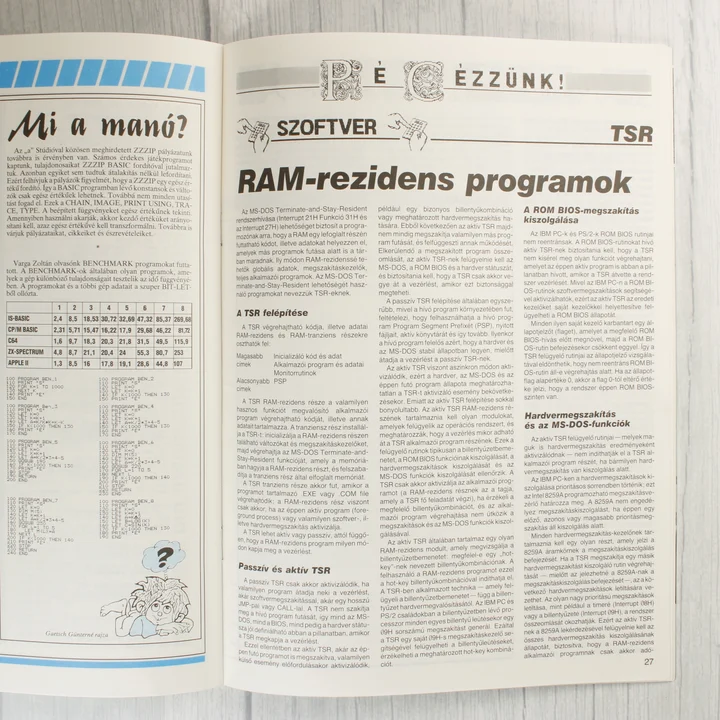 A Mikroszámítógép Magazin belső oldalai szoftveres cikkekkel