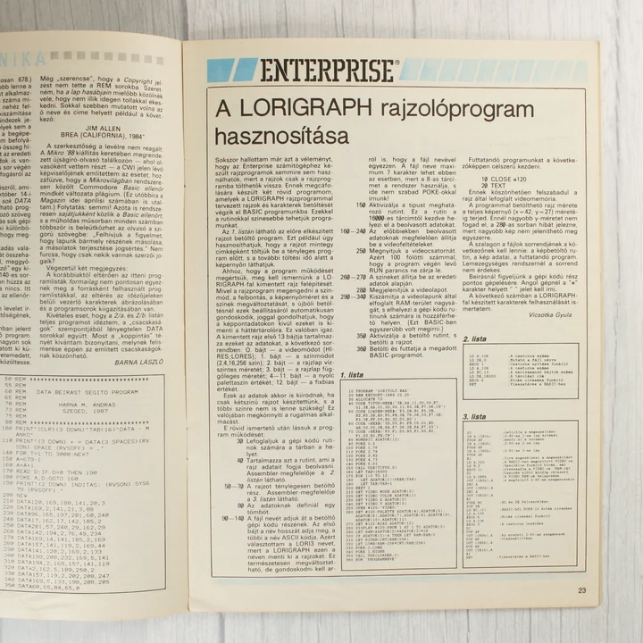 Mikroszámítógép Magazin belső tartalom A Mikroszámítógép Magazin belső oldala Enterprise programkóddal