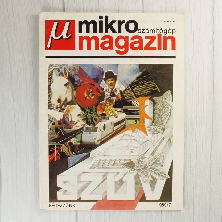 A Mikroszámítógép Magazin 1989/7-es számának címlapja szürrealista kollázzsal.