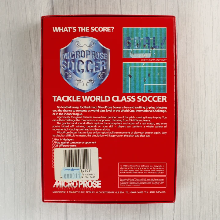 MicroProse Soccer doboz hátulja MicroProse Soccer Commodore 64 videójáték dobozának hátoldala