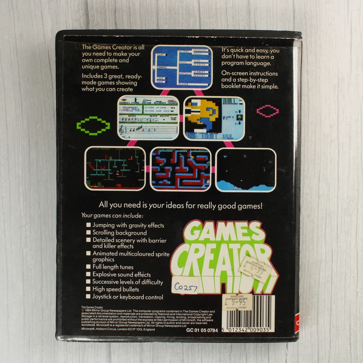 A Games Creator szoftver tokjának hátoldala leírással és képernyőmentésekkel