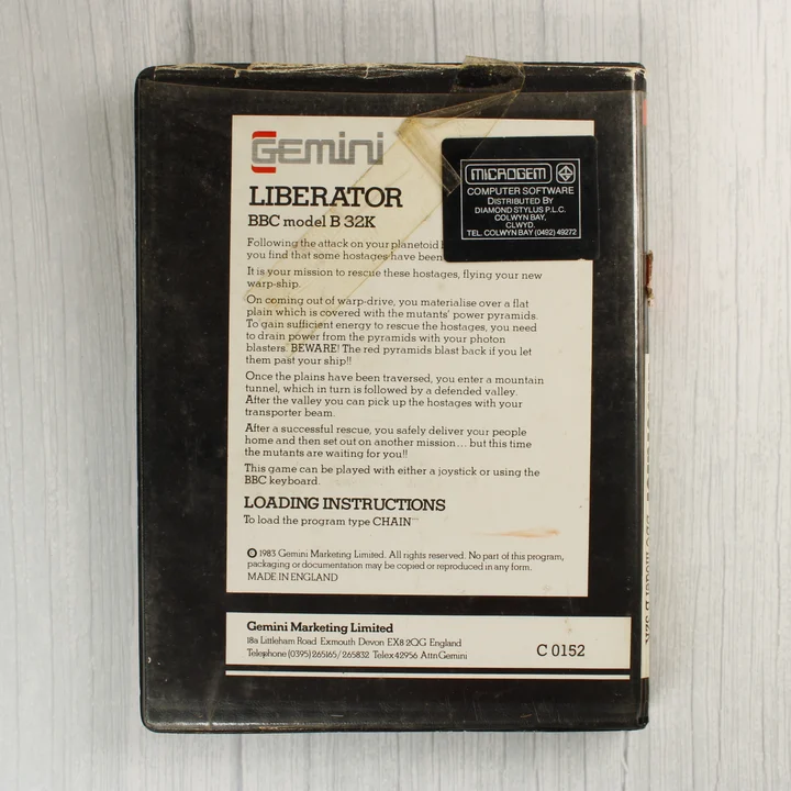 Liberator BBC Model B hátlap A Liberator videójáték tokjának hátoldala a leírással