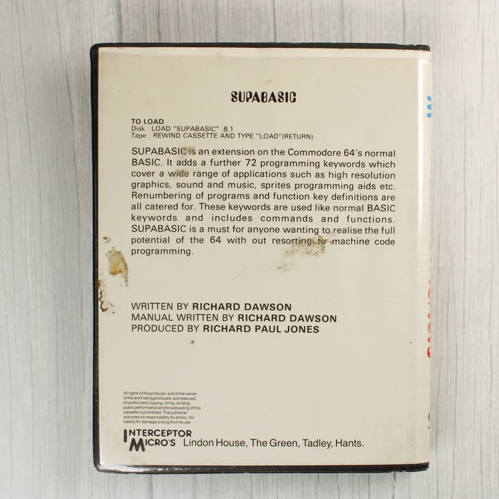 Supabasic Commodore 64 szoftver tokjának hátoldala
