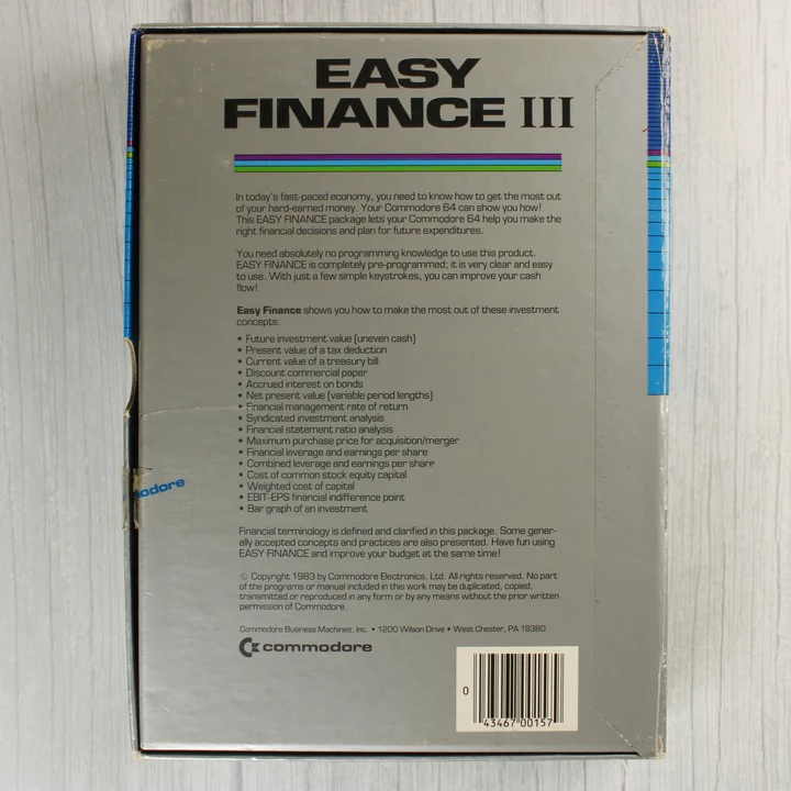 Easy Finance III Commodore 64 szoftver dobozának hátoldala