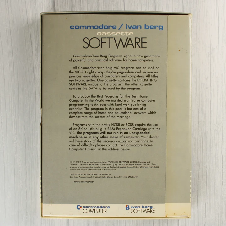 Commodore VIC-20 Mathematics 1 doboz hátlap Commodore VIC-20 Mathematics 1 szoftver dobozának hátoldala