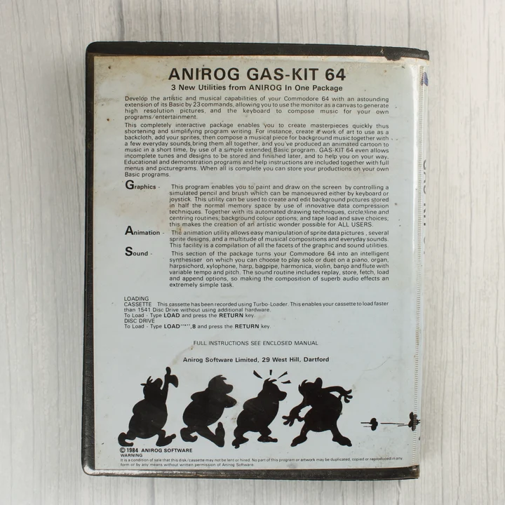 Anirog Gas-Kit 64 szoftver tokjának hátoldala a leírással