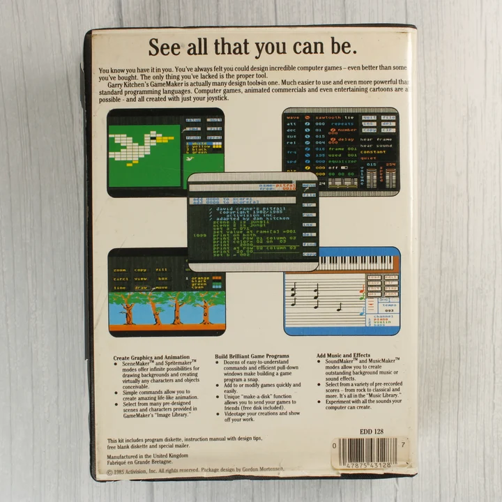 Garry Kitchen's GameMaker szoftver dobozának hátoldala
