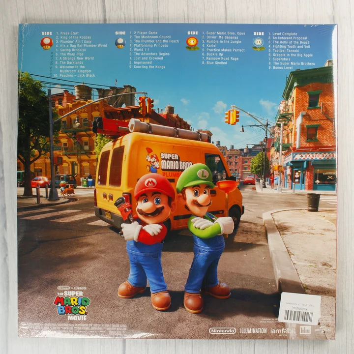 The Super Mario Bros. Movie bakelit lemez borítójának hátoldala a számlistával