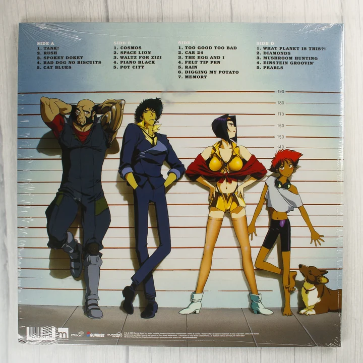 Cowboy Bebop EIN Edition hátlap Cowboy Bebop bakelit lemez hátoldala a szereplőkkel és számlistával